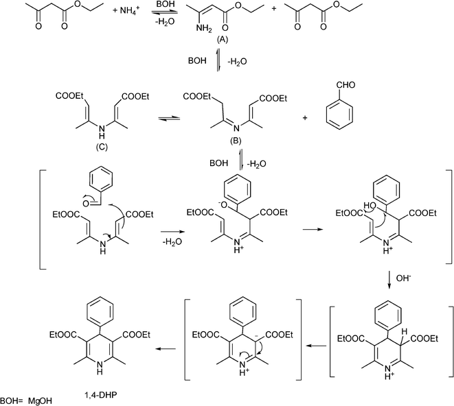 Reaction mechanism catalyzed by bases in the synthesis of 1,4-DHP.