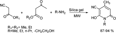 One-pot three component synthesis of 3-cyano-6-hydroxy-2(1H)-pyridinone derivatives.