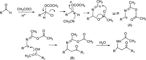 Mechanism in the one-pot formation of β-acetamidoketones.