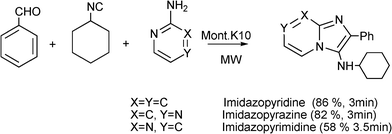 MC synthesis of imidazo-pyridine, -pyrazine and -pyrimidine using Montmorillonite K10 as the catalyst.