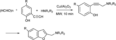 Synthesis of substituted benzo[b]furans through a MC Mannich reaction followed by cyclization.