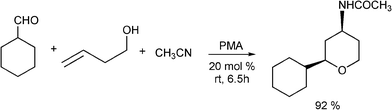 Synthesis of N-(2-cyclohexyltetrahydro-2H-4-pyranyl)-acetamide.