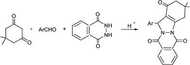 Synthesis of 3,4-dihydro-3,3-dimethyl-13-phenyl-2H-indazolo[2,1-b]phthalazine-1,6,11(13H)-trione.