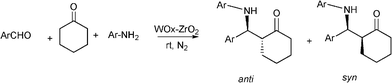 Three component reaction between aromatic aldehyde, aniline and cyclohexanone catalyzed by tungstated zirconia.