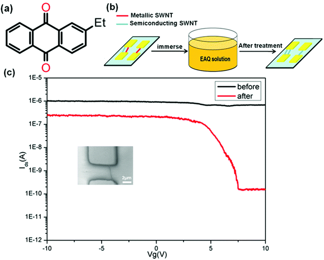 (a) Structure of 2-ethylanthraquinone (EAQ). (b) Schematic illustration of the treatment process for SWNT-FET in the EAQ solution. (c) Transfer characteristics (Vds = 0.5 V) of a single metallic SWNT-FETs before (black) and after (red) EAQ treatment. The on/off ratio increased from ∼1.47 to ∼1.63 × 103. Inset is SEM image of the SWNT-FET.