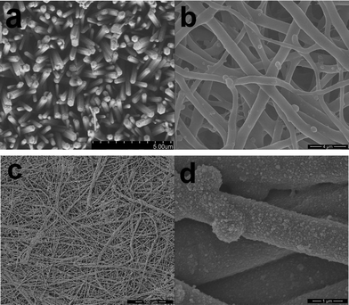 
            SEM photographs of (a) aligned ZnO nanorods, (b) ESM, and (c) & (d) ESM templated PANi network.