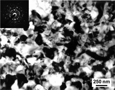 
            TEM image of pre-amorphized Ca2La8(SiO4)6O2 after recrystallization at 923 K under 1.5 MeV Kr+ irradiation.