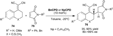 Asymmetric vinylogous Michael addition of α,α-dicyanoolefins (74) to maleimides (75).