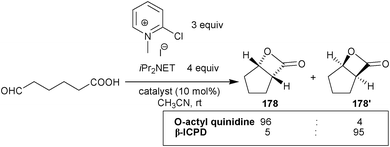 Asymmetric intramolecular ketene-aldehyde formal [2 + 2] cycloaddition.