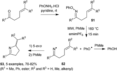 MW assisted preparation of dihydropyrroles from alkenone O-phenyl oxime ethers.41