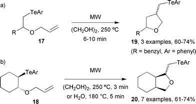 
              Group transfer cyclisations of (a) primary and (b) secondary organo-tellurium compounds.18