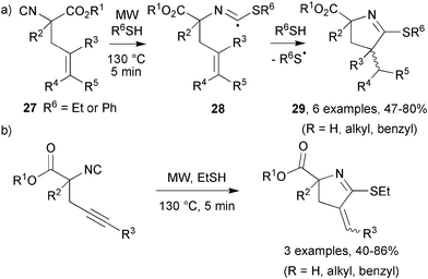 
              Thioimidoyl radical cyclisation on to (a) alkenyl and (b) alkynyl acceptors.21