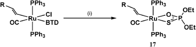 Formation of ruthenium diethylthiophosphate complex (17). (i) K[S(O)P(OEt)2]; R = C6H4Me–4, BTD = 2,1,3-benzothiadiazole.