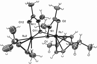 X-Ray structure of the cation of [Ru(η6-p-cym)(μ-meaha)]2(CF3SO3)2 (5). Thermal ellipsoids show 50% probability with partial numbering scheme. Selected bond lengths (Å) and angles (°): Ru(1) –O(1) 2.113(5), Ru(1) –O(2) 2.065(5), Ru(1) –O(11) 2.151(5), Ru(2) –O(1) 2.160(5), Ru(2) –O(12) 2.071(5), Ru(2) –O(11) 2.112(5), Ru–Carene(avr.) 2.170(10); O(1) –Ru(1) –O(2) 76.8(2), O(1) –Ru(1) –O(11) 77.9(2), O(2) –Ru(1) –O(11) 88.3(2), O(11) –Ru(2) –O(12) 76.3(2), O(11) –Ru(2) –O(1) 77.7(2), O(12) –Ru(2) –O(1) 87.3(2), Ru(1) –O(1) –Ru(2) 97.6(2), Ru(1) –O(11) –Ru(2) 97.9(2).