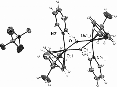 X-Ray structure of [Os(η6-p-cym)(μ–OH)(py)]2(CF3SO3)2 (16). Thermal ellipsoids show 50% probability with partial numbering scheme. Selected bond lengths (Å) and angles (°): Os(1) –O(1) 2.091(9), Os(1) –O(1_i) 2.088(9), Os(1_i) –O(1) 2.088(9), Os(1) –N(21) 2.104(11), Os(1) –Carene(avr.) 2.182(20); Os(1) –O(1) –Os(1_i) 107.3(4), O(1) –Os(1) –N(21) 84.6(4), O(1) –Os(1) –O(1_i) 72.7(4), O(1_i) –Os(1) –N(21) 81.5(4).