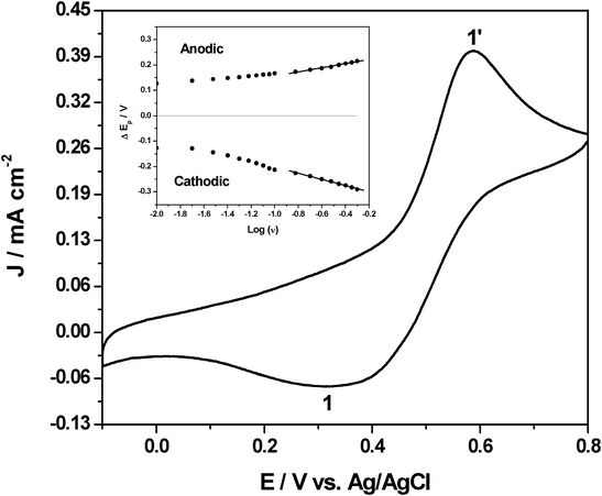 
            Cyclic voltammogram of 25 mM Pu(iv) in 1 M H2SO4 on platinum electrode at the scan rate of 20 mV s−1. Inset shows the variation of the cathodic and anodic peak potentials (ΔEp) with respect to E0′ as a function of scan rate.