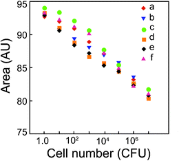 Area under UV-vis extinction spectrum as a function of bacterial cell numbers. (a) Escherichia coliMTCC 433, (b) Listeria monocytogenes Scott A, (c) Staphylococcus aureusMTCC 740, (d) Enterobacter aerogenesMTCC 2822, (e) Bacillus cereusMTCC 1305 and (f) Pseudomonas aeruginosaMTCC 2488. The area represents mean value of three independent measurements.