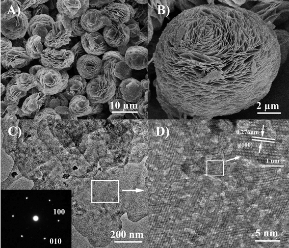 
            SEM images of as-prepared porous β-Co(OH)2 microflower assembled by nanosheets; C) TEM image and corresponding SAED pattern (inset) of β-Co(OH)2 nanosheets and D) HRTEM image of the nanosheet (magnification of Fig. 3C).