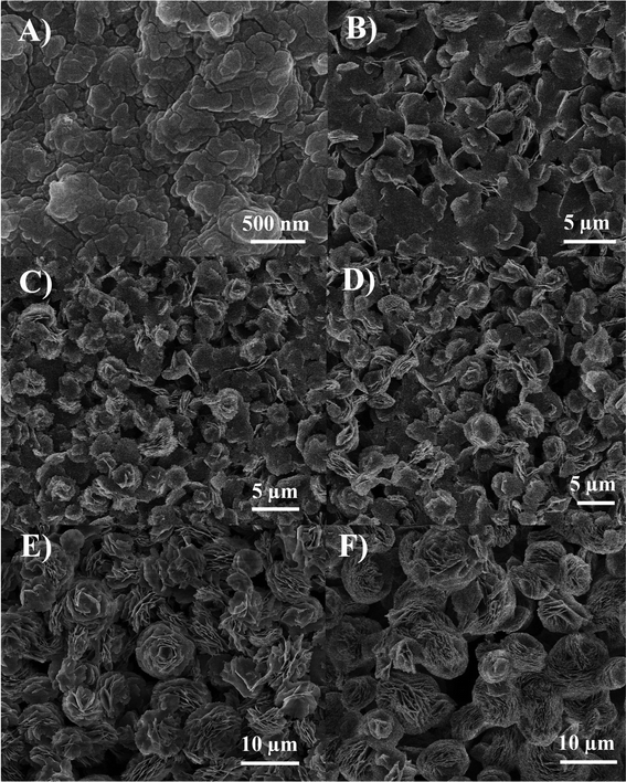 
            SEM images of β-Co(OH)2 produced over a time period of: A) 0, B) 2, C) 4, D) 6, E) 12 and F) 24 h.