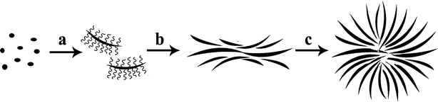 The formation process of the β-Co(OH)2 microflower fashioned from individual nanosheets; The conversion of cobalt-monoethanolamine tertiary complex nanoparticles to Co(OH)2 nanosheets affixed with CTAB () (a). The aggregation of Co(OH)2 nanosheets with the help of CTAB (b) and the assembly of the β-Co(OH)2 microflower (c).