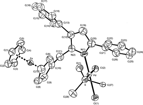 ORTEP plot of cis-[Pd{1-(Fc–CH2)-3,5-Ph2–(C3HN2)}Cl2(dmso)] (7), 50% probability displacement ellipsoids are shown and hydrogen atoms have been omitted for clarity.