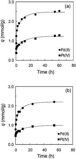 Adsorption kinetics of Pd(ii) and Pt(iv) on (a) trimethylamine-microalgae and (b) triethylamine-microalgae. Conditions: concentration of metal ion = 2.2 mM, dry weight of adsorbent = 50 mg, volume of test solution = 50 mL, HCl concentration = 0.1 M, T = 30 °C.