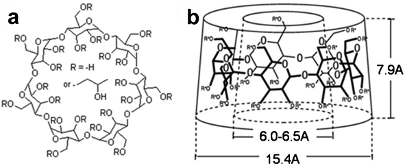 a) Chemical structure of hydroxypropyl β-cyclodextrin. b) Approximate dimensions of the toroid formed by β-cyclodextrin