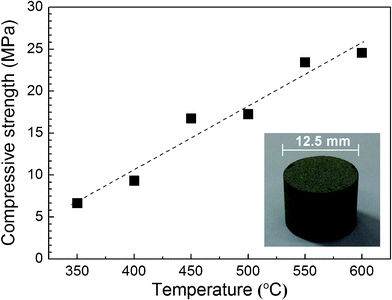 Compressive strength and a photograph (inset) of the bulky sintered body of the mesoporous TiO2 powder.