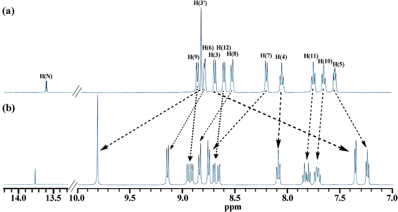 
            1H NMR spectra of the receptor in absence (a) and in the presence (b) of 0.5 equiv. of Fe2+ ion in DMSO-d6.