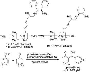 Chiral amine-functional polysiloxane-catalyzed aldol reactions.