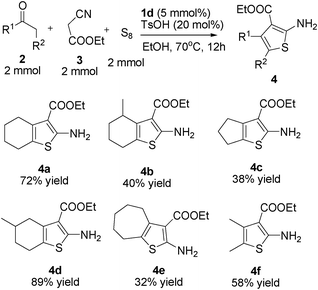 Amine-functional polysiloxane 1d-catalyzed Gewald reaction with various ketones.