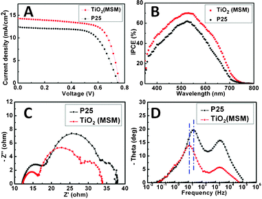 Photocurrent–photovoltage characteristic curves (A), incident photon conversion efficiency (IPCE) spectra (B), Nyquist plots (C), and Bode phase plots (D) of MSM produced and P25 TiO2.