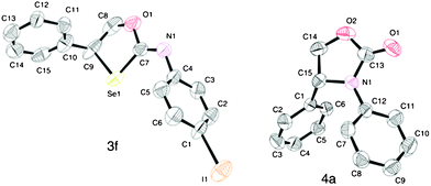 ORTEP diagram of (Z)-4-iodo-N-(4-phenyl-1,3-oxaselenolan-2-ylidene)benzenamine 3f and 3,4-diphenyloxazolidin-2-one 4a. Thermal ellipsoids are drawn at a 40% probability level. Hydrogen atoms have been omitted for clarity.