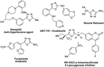 Some pharmaceutical compounds having oxadiazole scaffold.