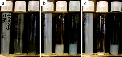 Sedimentation in three metal pyrophosphate dispersions over time: freshly prepared (a), after 24 h (b) and after three days (c). From left to right: FePPi, CaPPi and AlPPi. After three days the gel-like state formed in (b) has collapsed completely into dense aggregates for CaPPi.