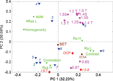 The PCA biplot for combined SEM statistics (Table 2) and electrochemical performance (Table 1) and durability (Fig. 1) data.