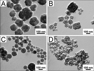 TEM images of SiO2 nanocubes: (A) using double amount of ammonia; (B) using half amount of ammonia; (C) using double amount of TEOS; (D) using half amount of TEOS.