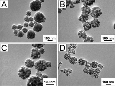 TEM images of SiO2 nanocubes: (A) T = 40 °C; (B) T = 120 °C; (C) t = 24 h; (D) t = 96 h.