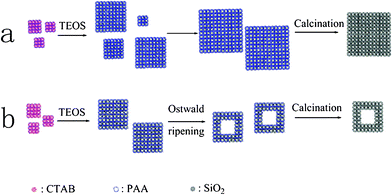 Simplified schematic representations for the fabrication of (a) solid SiO2 nanocubes and (b) hollow SiO2 nanocubes.