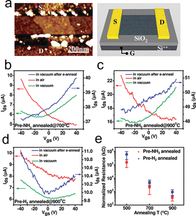 Electrical properties of single RGO sheet annealed in NH3vs. H2. (a) A typical AFM image of a N-doped RGO sheet device. (b) Current–gate voltage (Ids–Vgs) curves (recorded at Vds = 1 V) of a single RGO device fabricated with an NH3-annealed (700 °C) GO sheet. Red solid line: device measured in air. Green solid line: device measured in vacuum. Blue solid line: device measured in vacuum after electrical annealing. (c) Current–gate voltage (Ids–Vgs) curves of a single RGO device fabricated with an NH3-annealed (900 °C) GO sheet. (d) Current–gate voltage (Ids--Vgs) curves of a single RGO device fabricated with a H2-annealed (900 °C) GO sheet. (e) Statistics of normalized sheet resistance of devices fabricated with single RGO sheets annealed in NH3 and H2 at different temperatures. Normalized resistance is defined as RW/L, where R is resistance of device and W and L are the RGO sheet width and channel length, respectively. Reprinted with permission from ref. 155. Copyright (2009) American Chemical Society.