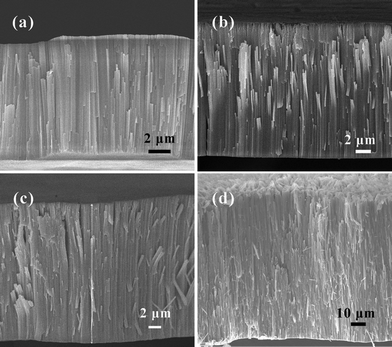 
          SEM images of the cross-section of the samples prepared with different anodization time. (a) 1 h, (b) 1.5 h, (c) 2 h, (d) 12 h.