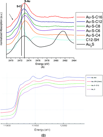 A: Sulfur K-edge XANES spectra of Au38(SR)24 and reference compounds gold sulfide and dodecanethiol, B: gold L3-edge XANES spectra of Au38(SR)24 and reference compounds gold metal, gold sulfide.