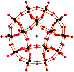 Ball-and-stick representation of the 30-tungsto-5-phosphate [P5W30O110]15− ({P5W30}) polyoxoanion. Purple: phosphorus; black: tungsten; red: oxygen.