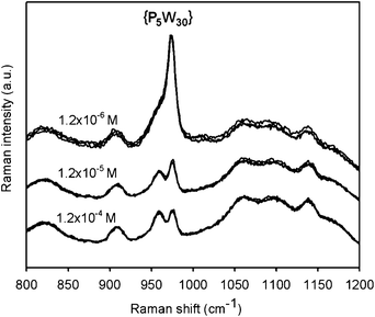 Raman spectra of (PAH/HA)90 films treated with {P5W30} at various concentrations during 7 days. For each film, 3 spectra recorded at 3 different locations are shown. Spectra of different samples were shifted in intensity for the sake of clarity.