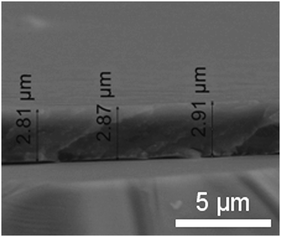 SEM cross-sectional view of a (PAH-HA)90 film in the dry state after 7-day immersion into a 1.2 × 10−4 M {P5W30} solution. The cross-section of the untreated (PAH-HA)90 film has an average thickness of 2.5 μm (not shown here).