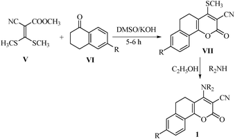 Synthesis of 2-oxo-4-sec-amino-5,6-dihydro-2H-benzo[h]chromene-3-carbonitriles (1).