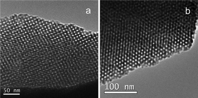 TEM images of the 3D cubic Im3m-type chiral PMO material recorded along the [100] (a) and [111] (b) directions.