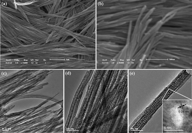 SEM (a, b) and TEM (c, d, e) images of the mesoporous SrTiO3 NWs.
