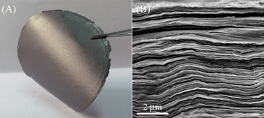 Photograph of heparin-rGO paper prepared by vacuum filtration method (A) and SEM image of its transverse section (B).