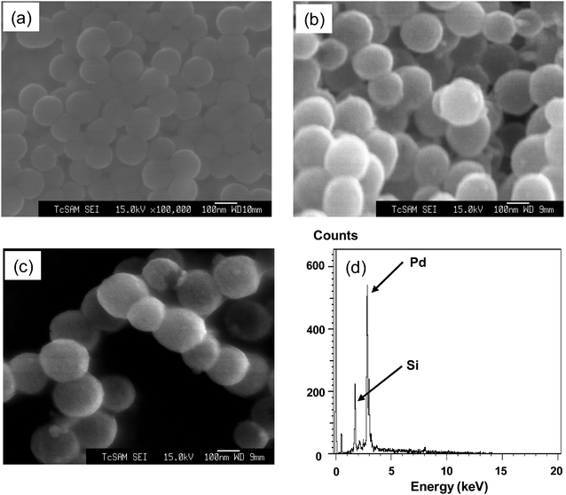 FE-SEM images of the (a) THPC-reduced gold seeds on silica nanoparticles ∼100 nm in diameter, (b) ∼20 nm thick palladium shell-coated silica nanoparticles ∼140 nm in diameter, (c) C16SH-coated palladium nanoshells (∼140 nm in diameter) and (d) EDX spectrum of C16SH-coated palladium nanoshells.